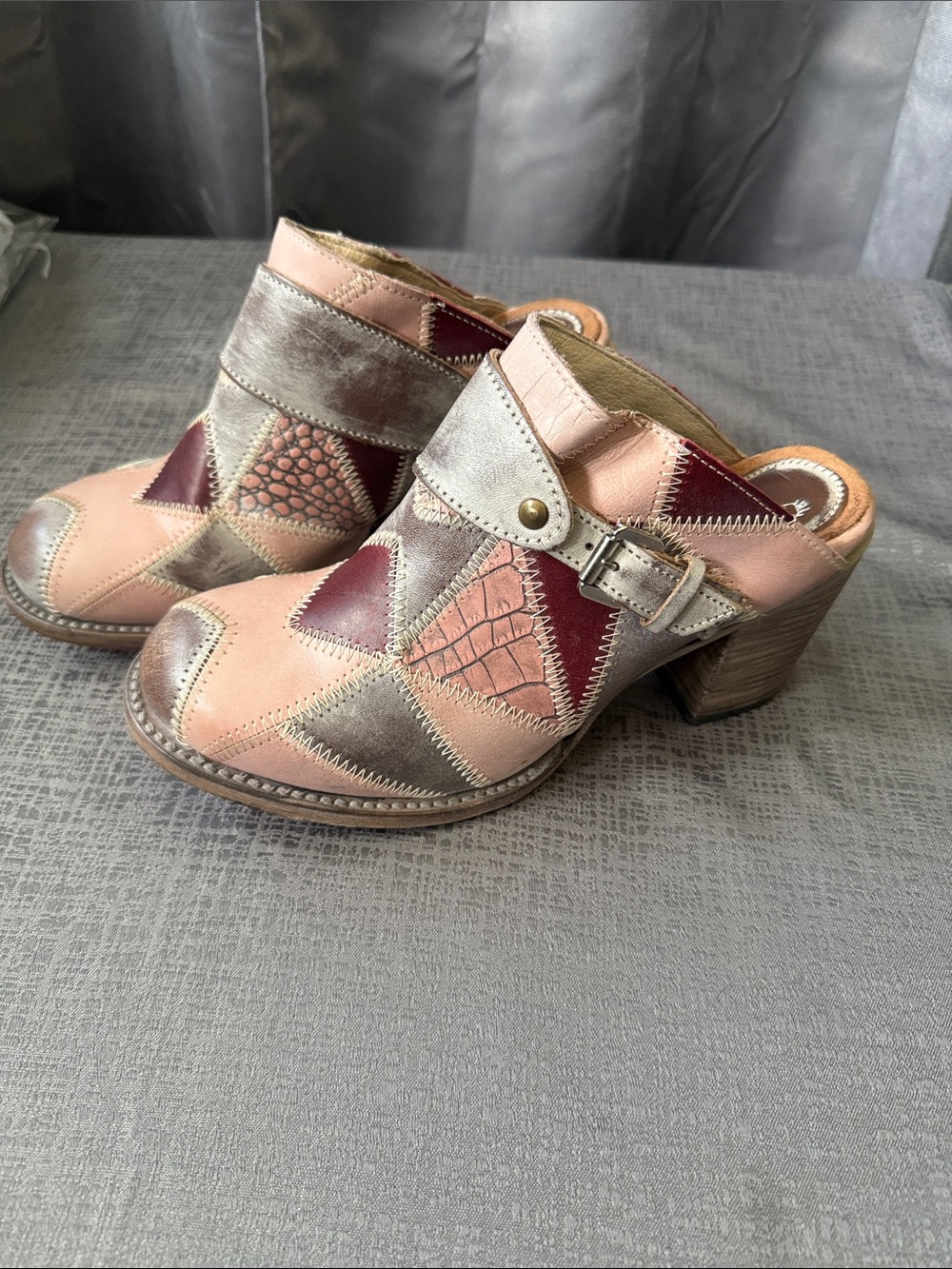 freebird Pink and Metallic Patchwork Leather Clog Mules